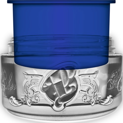 A perfume bottle with a blue cap and clear glass body, featuring ornate silver designs and a center emblem.