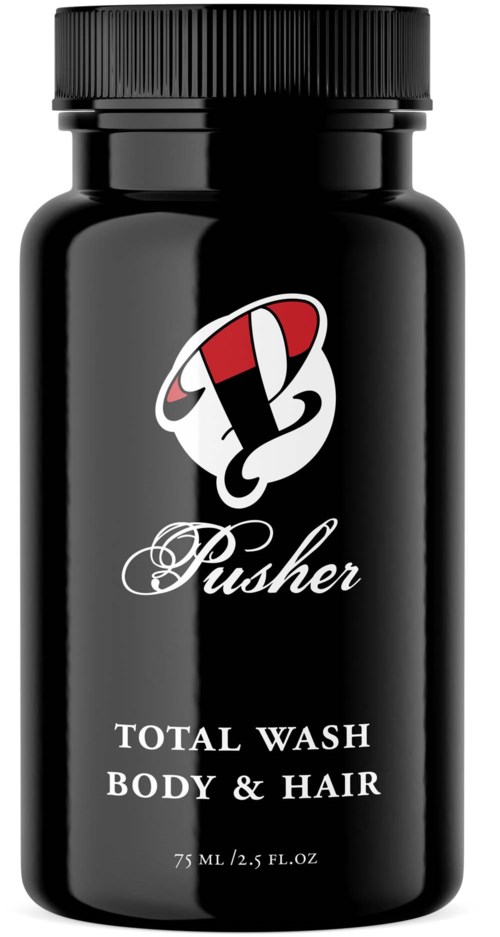 En svart flaska märkt Pusher med en logga, påstår att den tvättar kropp och hår, innehåller 75 ml.