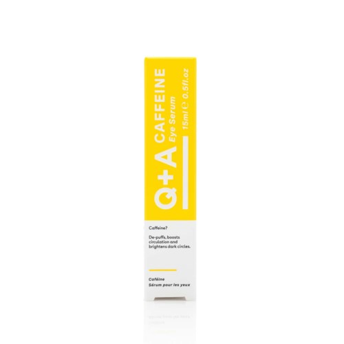 A yellow and white box with text about caffeine and eye serum benefits.