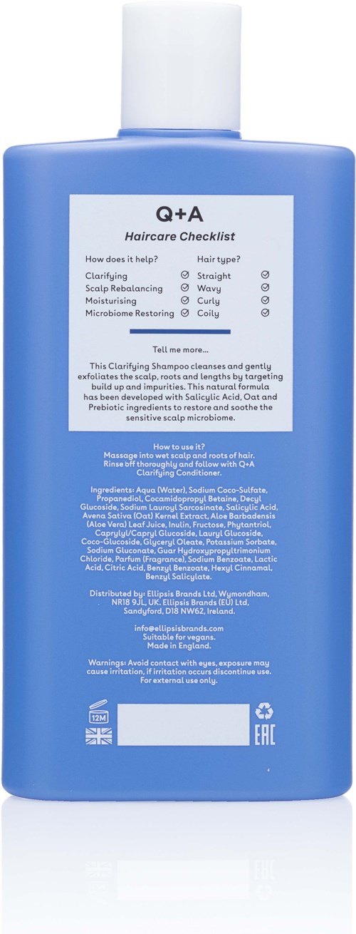 A blue bottle with a label titled 'Q+A Haircare Checklist' that lists hair-related questions and tips.
