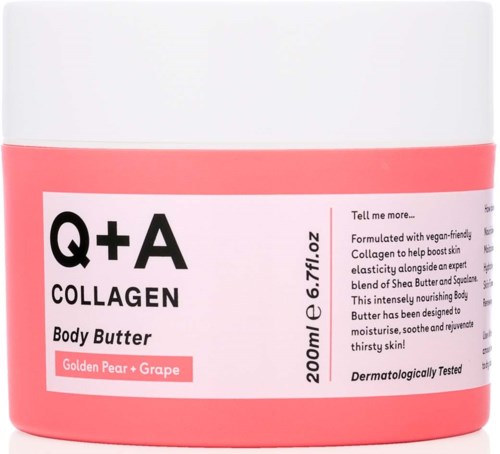 A pink container of Q+A Collagen Body Butter with peach and grape scent. It contains 200ml of moisturizer.