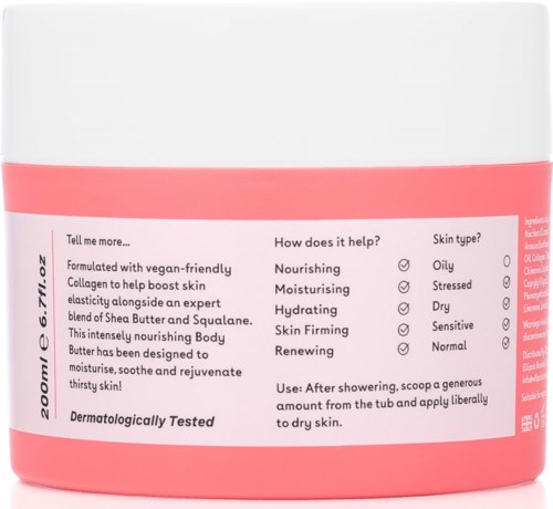 A pink and white skincare product container with descriptive text on benefits and skin types.