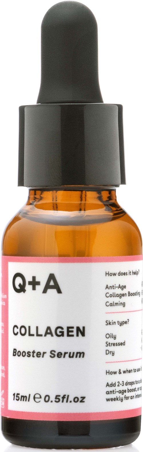 A small brown bottle with a black dropper cap, labeled Q+A Collagen Booster Serum for skin.