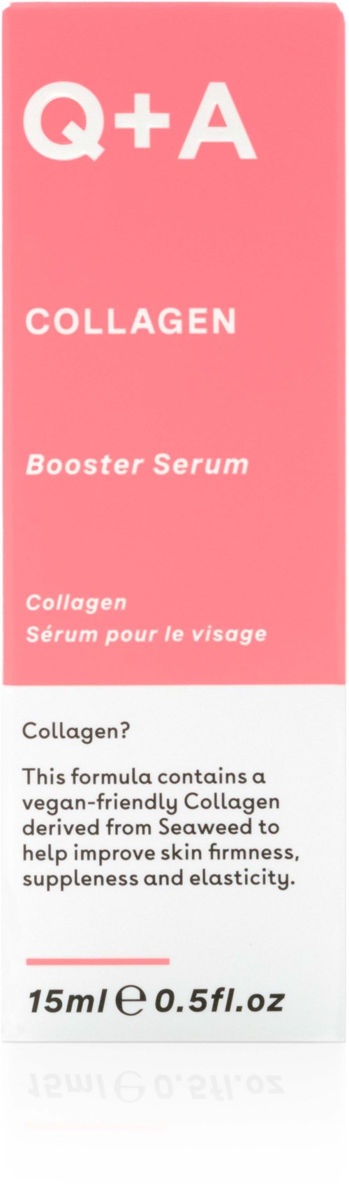 Pink box with white text, it is a collagen booster serum for the face, contains vegan collagen, 15 ml.