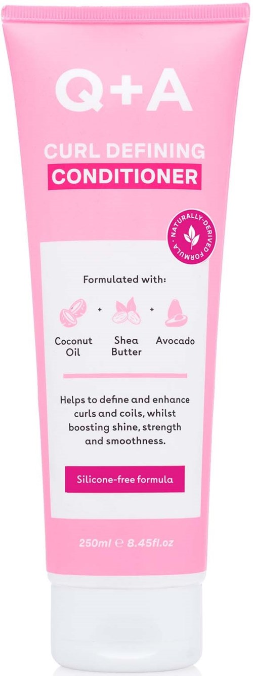 Rosa tub märkt Q+A Curl Defining Conditioner med ingredienslista och fördelar.