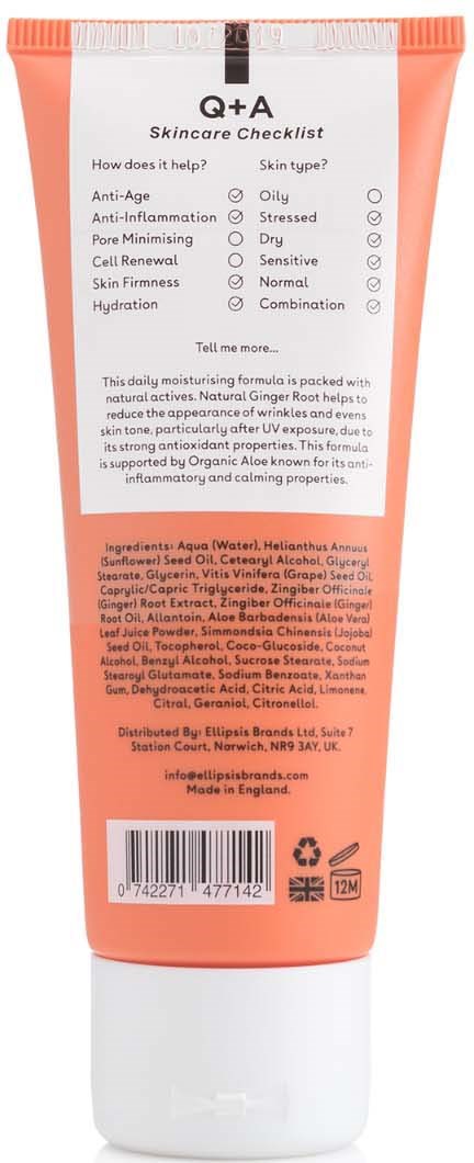 En rosa og hvit tube med hudpleieliste og ingrediensliste, sannsynligvis et hudpleieprodukt.
