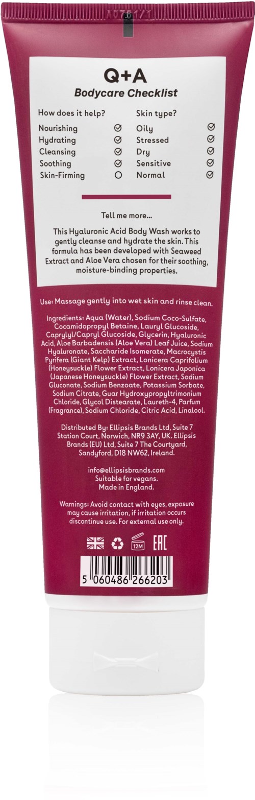 A pink tube of hydrating body wash with instructions and ingredients printed on it.
