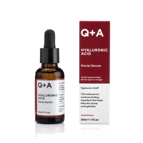 A small brown bottle with dropper and red box, labeled for hyaluronic acid facial serum.