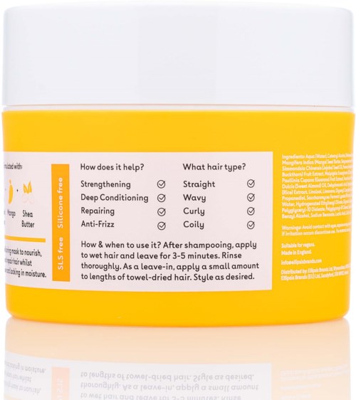 Keltainen säiliö, jossa on valkoinen kansi, mahdollisesti shampoo tai hoitoaine, sisältää ohjeet ja hyödyt etikettissä.
