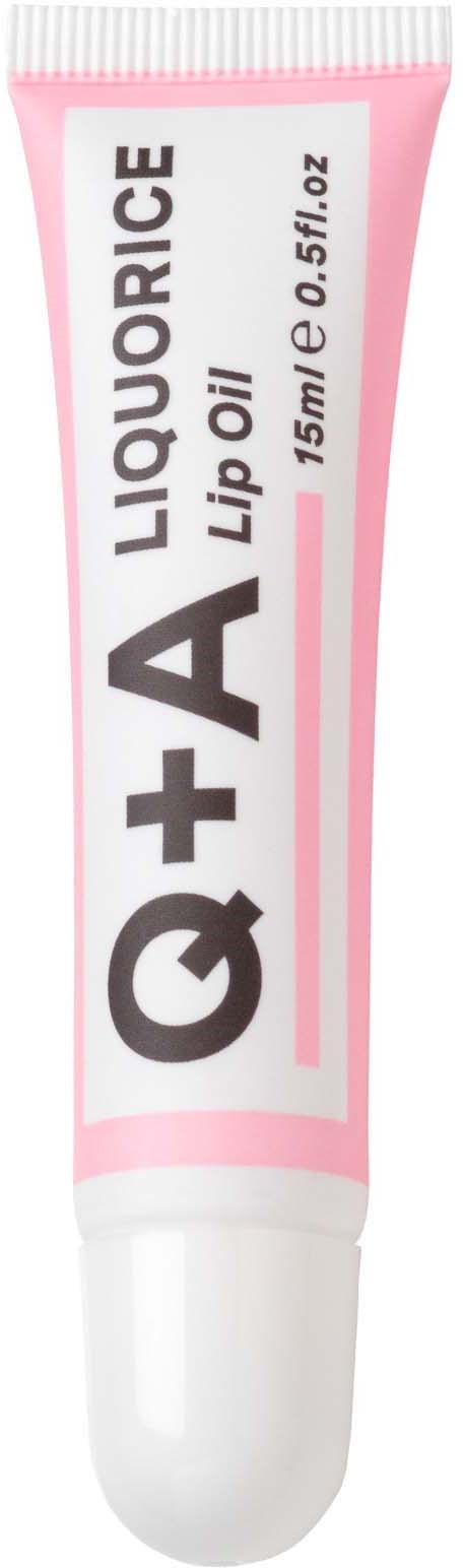En liten rosa og hvit tube merket 'Q+A Liquorice Lip Oil' som inneholder 15 ml produkt.