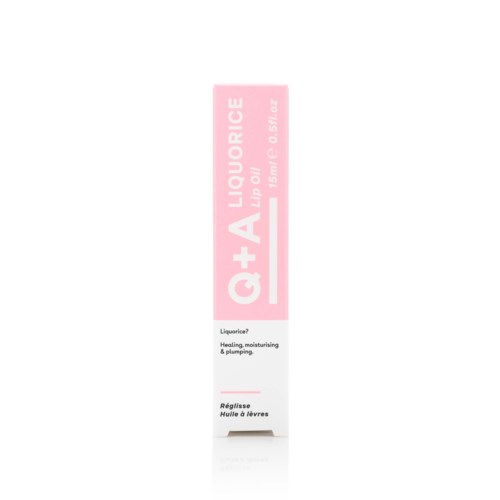 En rosa eske med hvit og rosa tekst for leppeolje kalt G+ A Liquorice. Den er 15ml eller 0,5oz.