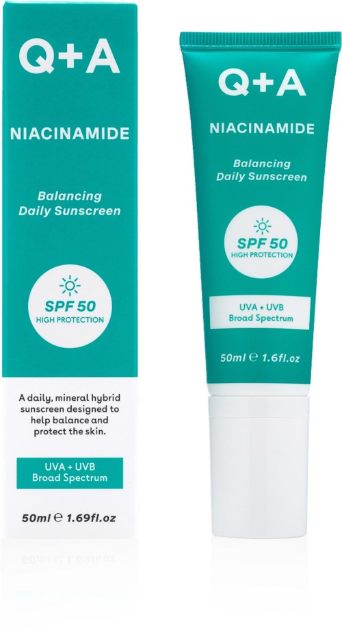 En turkis eske og tube for Niacinamide daglig solkrem med SPF 50, UV-beskyttelse og bredspekter.