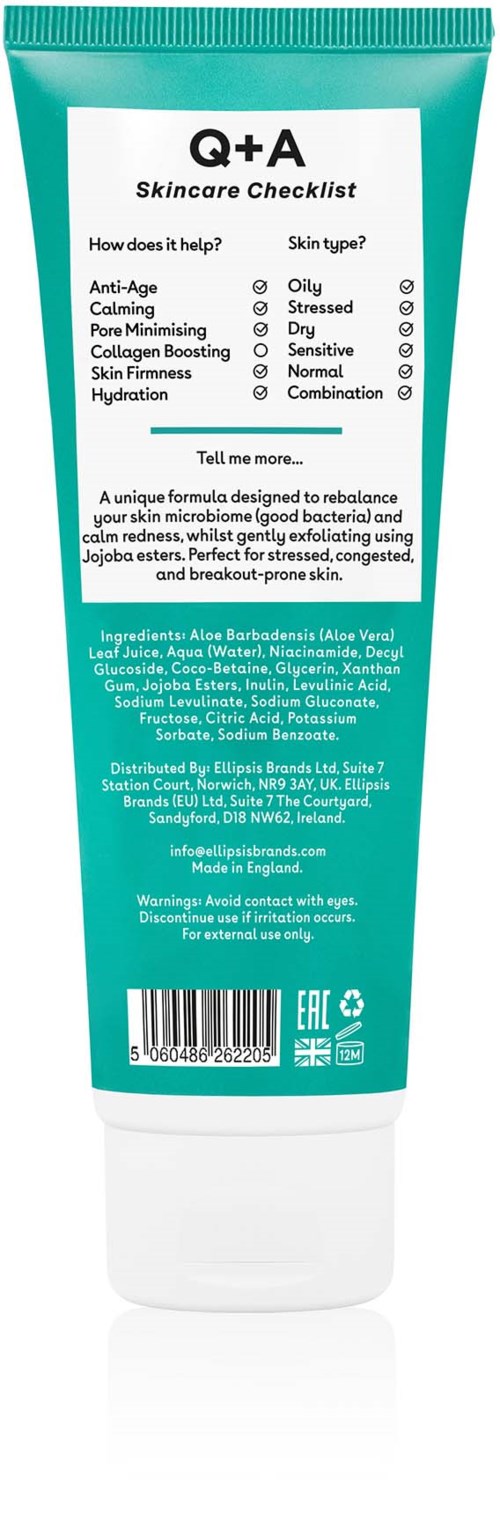A teal-colored skincare tube with a checklist and ingredients listed at the back, designed for skin type and benefits.