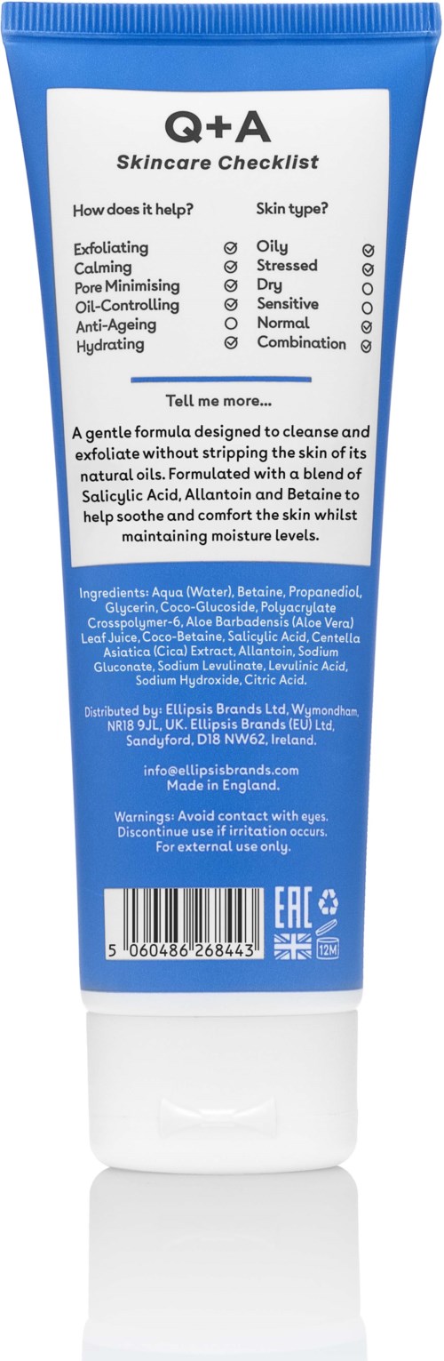 A skincare product in a blue and white tube with a checklist for skin types and concerns.