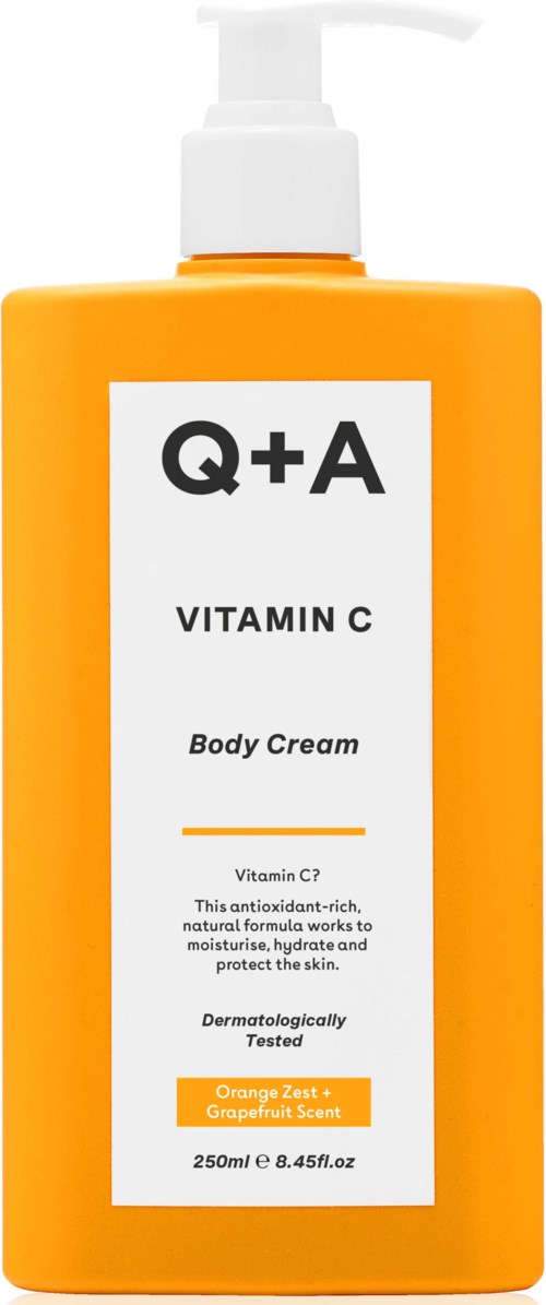 Orange bottle of Q+A Vitamin C Body Cream with pump, 250ml, citrus scent. Helps moisturize and brighten skin.