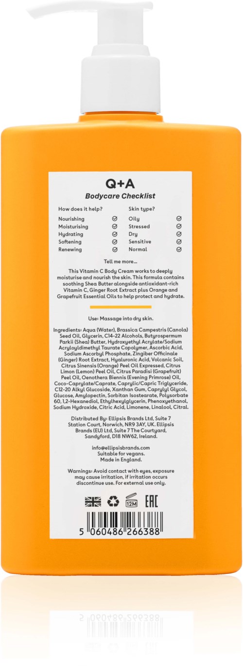 Orange bottle with a pump and a label showing a checklist and ingredients.