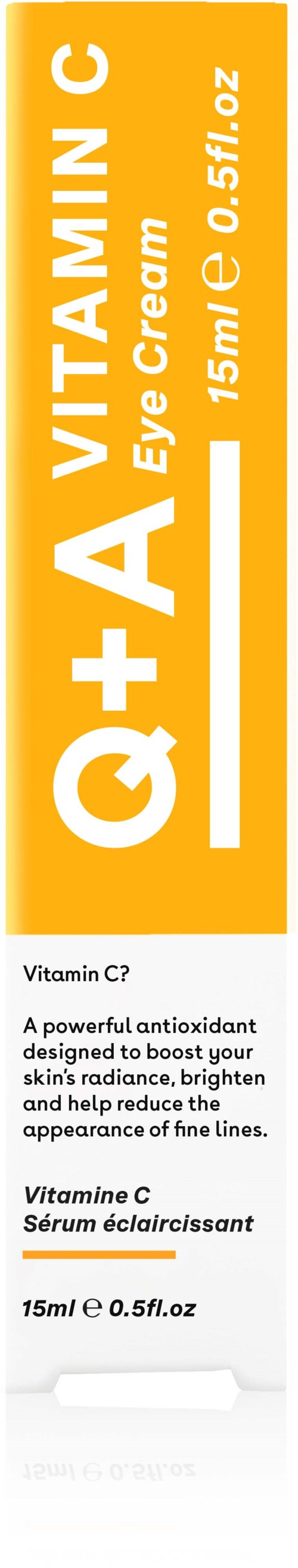 En ljus orange och vit tub med etiketten 'Q+VITAMIN C' för ögonvård, med produktdetaljer och fördelar.