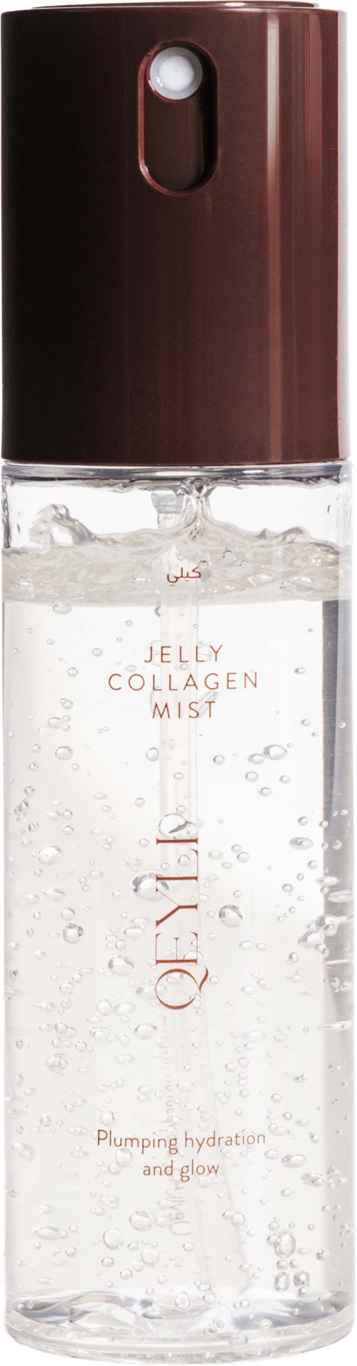 En genomskinlig sprayflaska med mörkbrun kork märkt Jelly Collagen Mist, innehållande en klar vätska med små bubble.