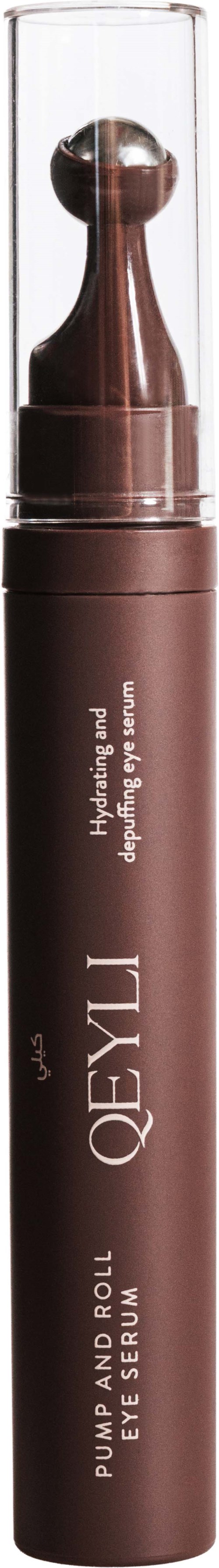 En brun ögonsserumrör med en kupolformad applicator och en genomskinlig topp, märkt QOFYL Bump and Roll Eye Serum.