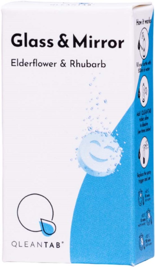 En låda märkt 'Glass & Mirror' med doft av fläder och rabarber, visar hur man använder produkten och dess fördelar.