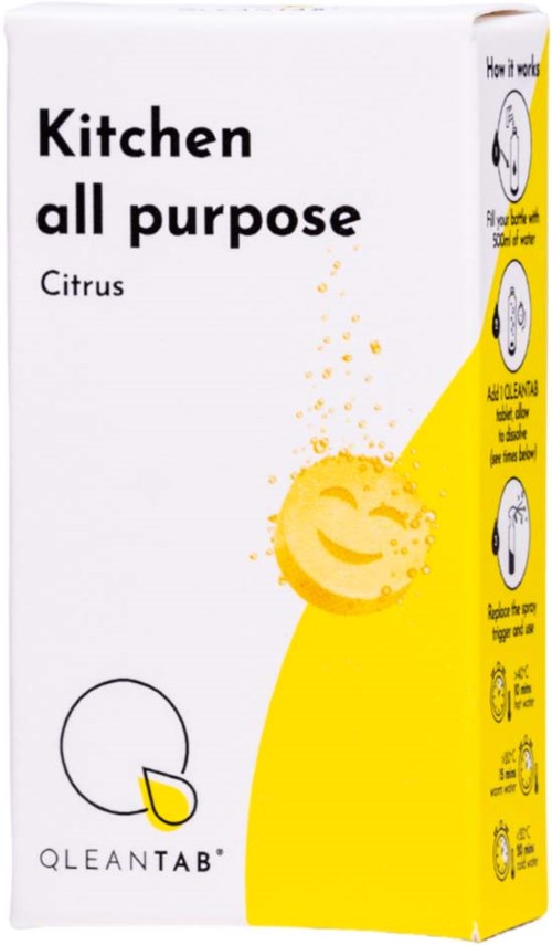 Utan förpackning av köksrengöringsmedel märkt 'Kitchen all purpose' med citrusdoft. Visar instruktioner och ikoner på sidan.