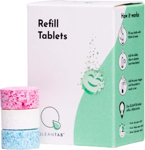 Refill tablets in a box with instructions on how to use, including filling, dissolving, and adding the spray.