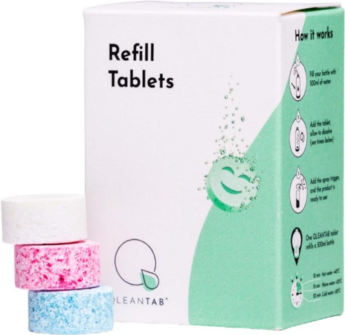 Box of refill tablets with instructions for use and three colorful tablets shown beside it.
