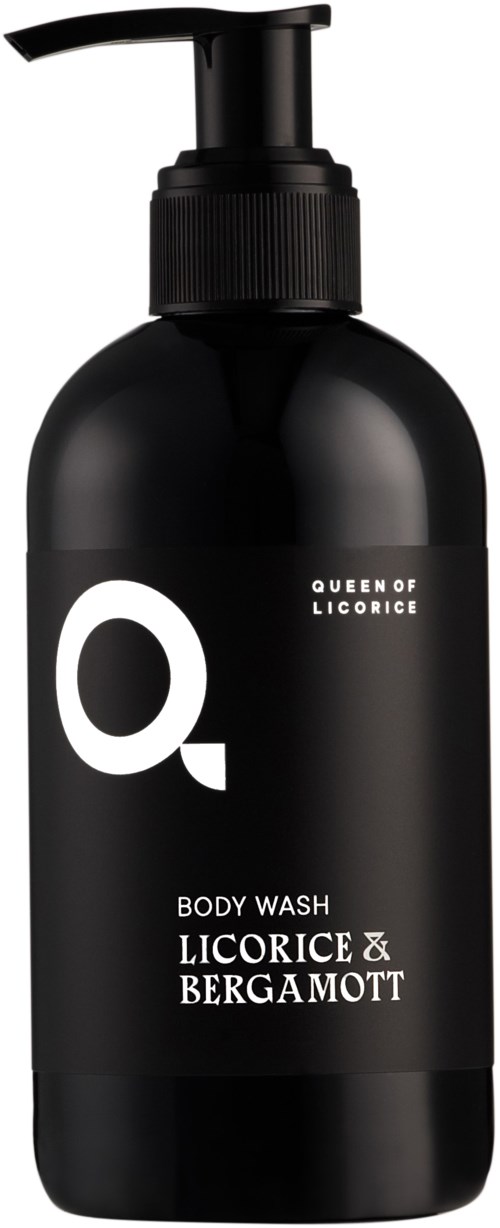 Czarna butelka z pompką, oznaczona "Queen of Licorice" żel pod prysznic, zapach lukrecja i bergamot.