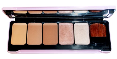 En makeup palett med fem nyanser, en rouge och en liten borste i ett rosa fodral.