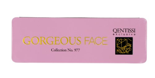 Rosa låda med gul text 'GORGEOUS FACE' och svart logo med gyllene detaljer. Det är en kosmetikaförpackning.