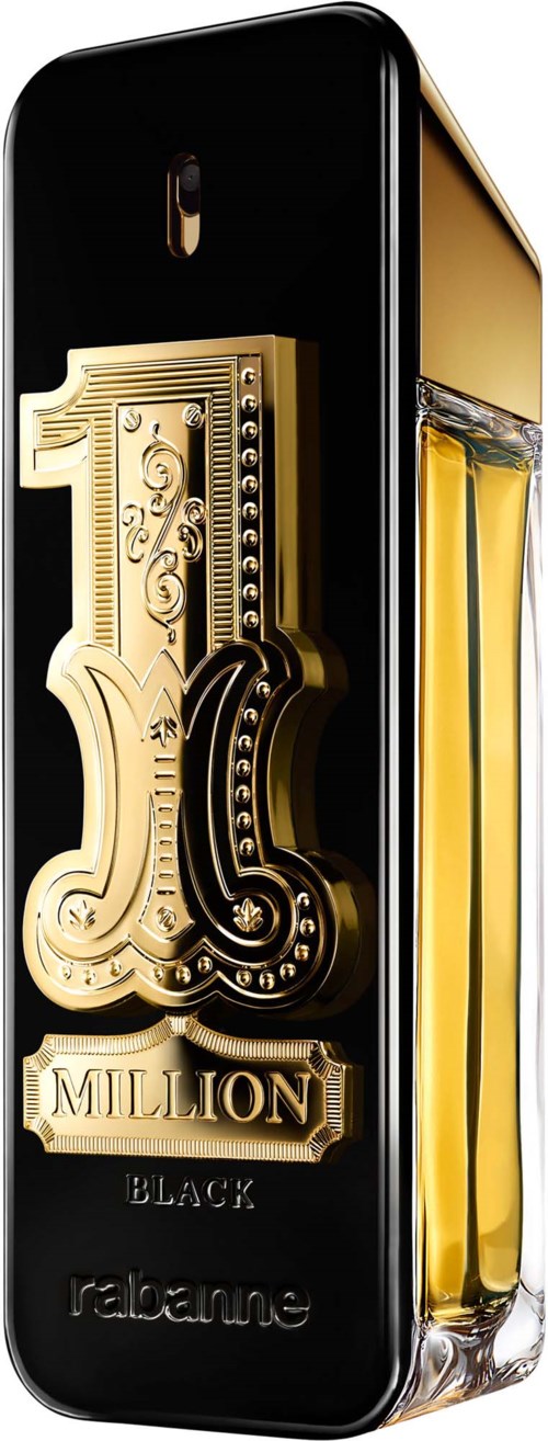 A perfume bottle with a black and gold design, featuring the brand name Rabanne and the fragrance name Million Black.
