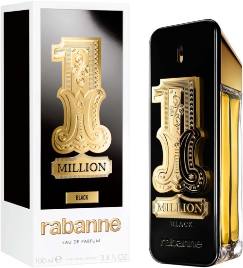 Box and phone case for Rabanne 1 Million Black perfume, featuring a gold design and branding.