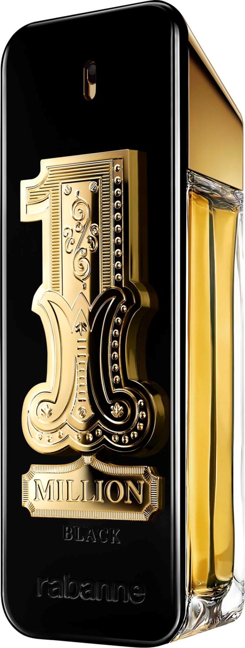 Ein Parfümflasche in Schwarz und Gold mit einer dekorativen Zahl 1 und dem Namen Million Black.