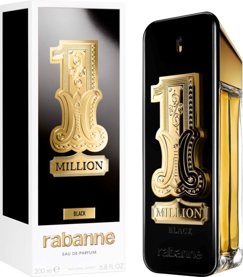 Rabanne Black Million Parfümverpackung und Flasche mit goldener Dekoration auf schwarzem Hintergrund.