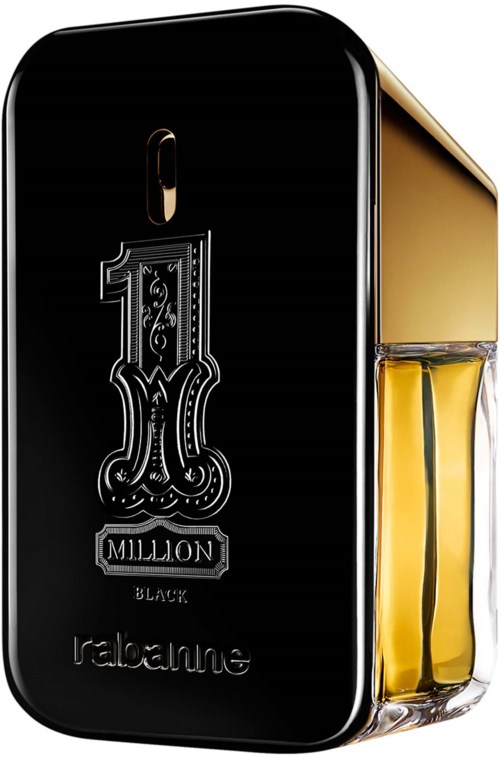 A perfume bottle with a black and gold design, featuring the number 1 million and the brand label Rebelle.