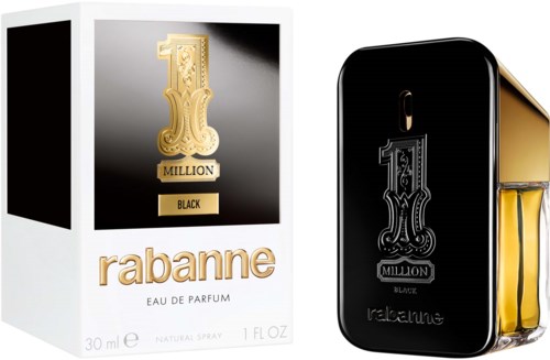 A perfume bottle in black with gold accents and a box featuring a gold and white design for Rabanne Million Black.