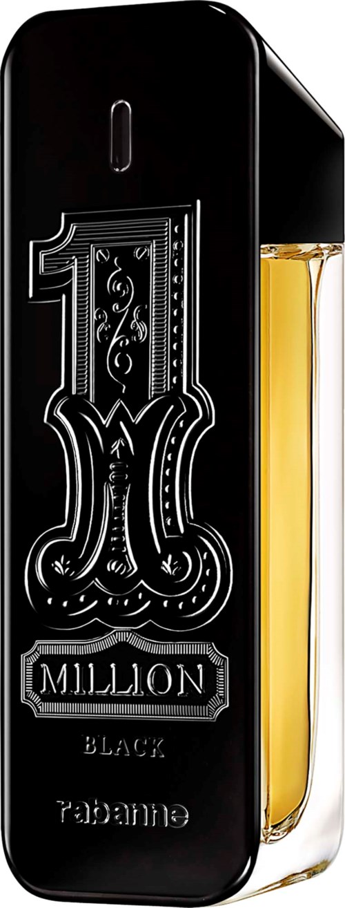 A black perfume bottle with silver decorative details and a clear section showing yellow-colored perfume. The bottle has a sleek, modern look.