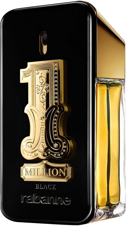 A black perfume bottle with gold decoration shaped like a large number one and the text million below.