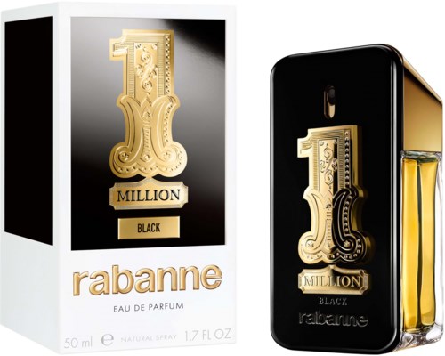 A black and gold perfume bottle with a matching box, featuring a large decorative gold '1 Million' logo and 'Rabanne' branding.