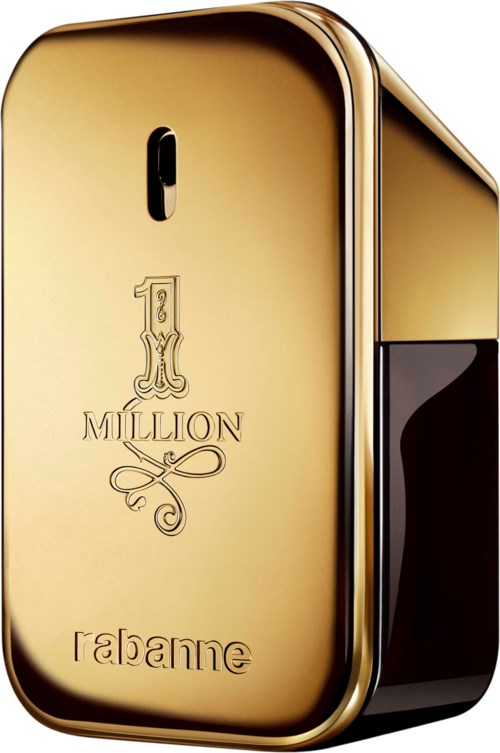 Gold-colored perfume bottle with Rabanne 1 Million logo and decorative text.