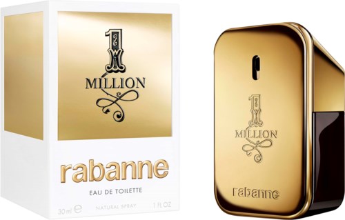 Gold-colored perfume bottle and box with black and white design, label reads Rabanne 1 Million.