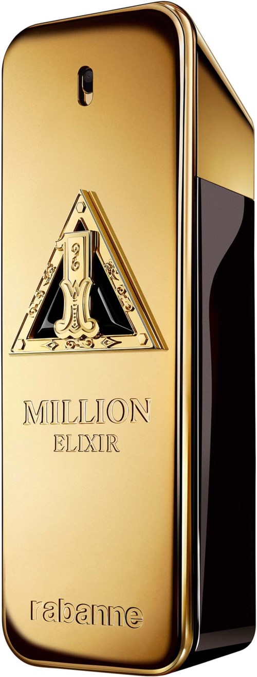 Kultainen hajuvesipullo ja kolmion muotoinen logo ja teksti "Mullion Elixir".