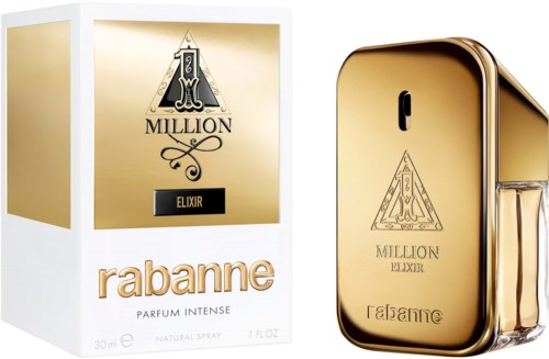 Guldfarvet parfume flaske og emballage til Rabanne Million Elixir. Emballagen er hvid med guld accenter og tekst.