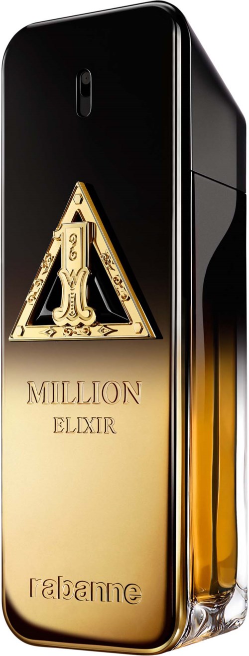 Een parfumfles met een zwarte deksel, goudkleurig label en de woorden 'Million Elixir' en 'Lancome'.