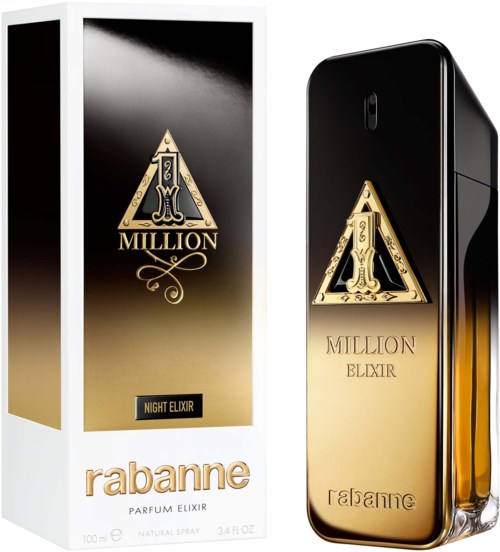 Een luxe parfumfles en doos met goud en zwart ontwerp, gelabeld Million Night Elixir door Rabanne.