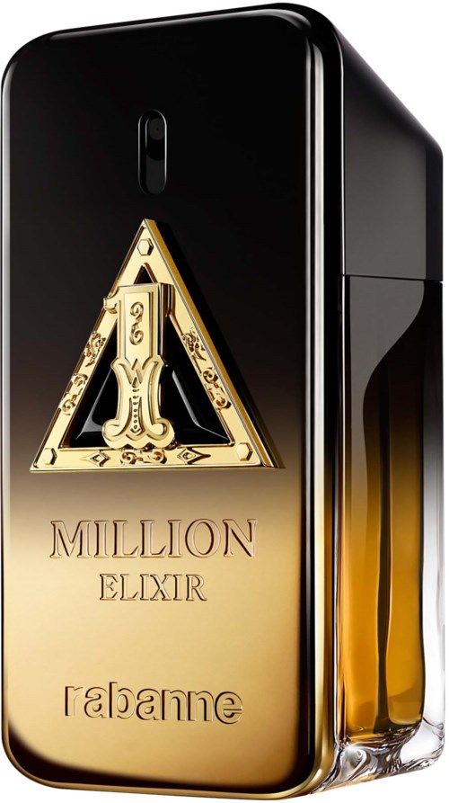 Een zwart en goud sprayflesje met Rebelle Million Elixir label, driehoek logo en goudaccenten.