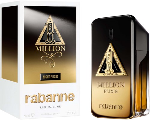 Een parfumfles en doos in zwart, goud en wit kleuren, met 'Million' en 'Night Elixir' opmerking.
