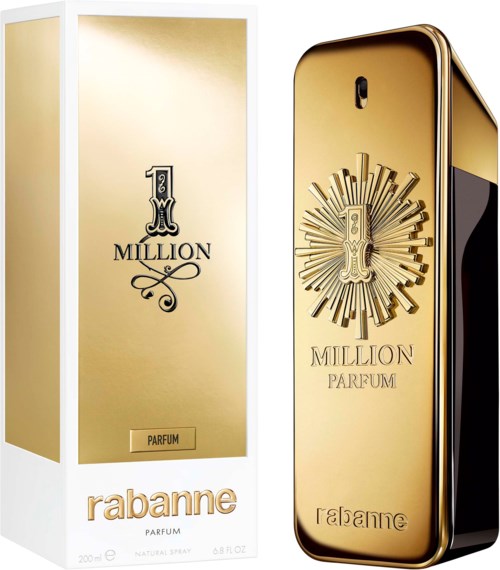 Een parfumfles met een gouden ontwerp en een doos met Rabanne 1 Million Parfum branding.