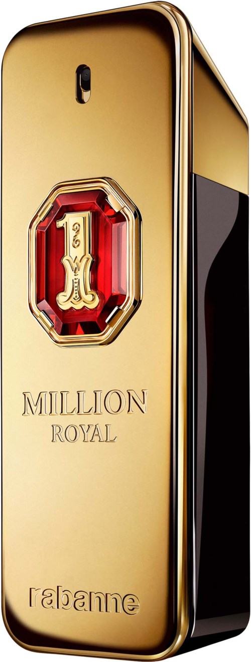 Gold-colored perfume bottle with a red and gold label featuring the letter 'L' and words 'Mullion Royal' and 'Armaine.'