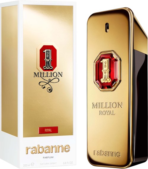 Gold-colored perfume packaging and a phone shaped like a perfume can. The perfume name is '1 Million Royal'.